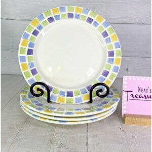 Pier 1 TOSCA 99 Green Purple Checked Mosaic Tile Italy Round Dinner Plates Set 4